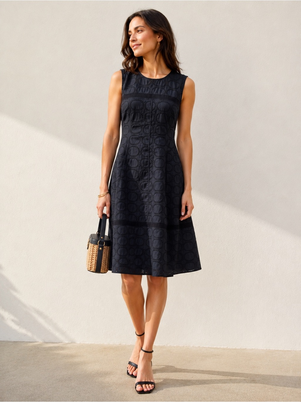 Lela Rose Sleeveless Black Eyelet A-Line Dress 6